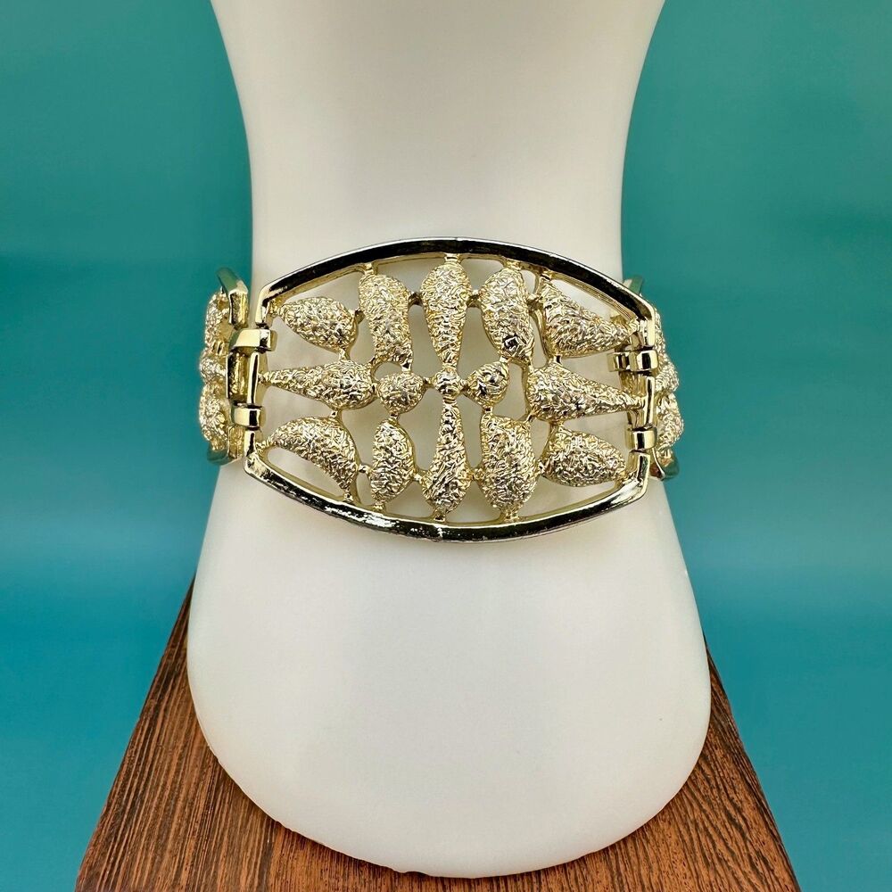 Vintage Panel Link Bracelet Brushed Textured Gold Tone Open Metal Work Emmons